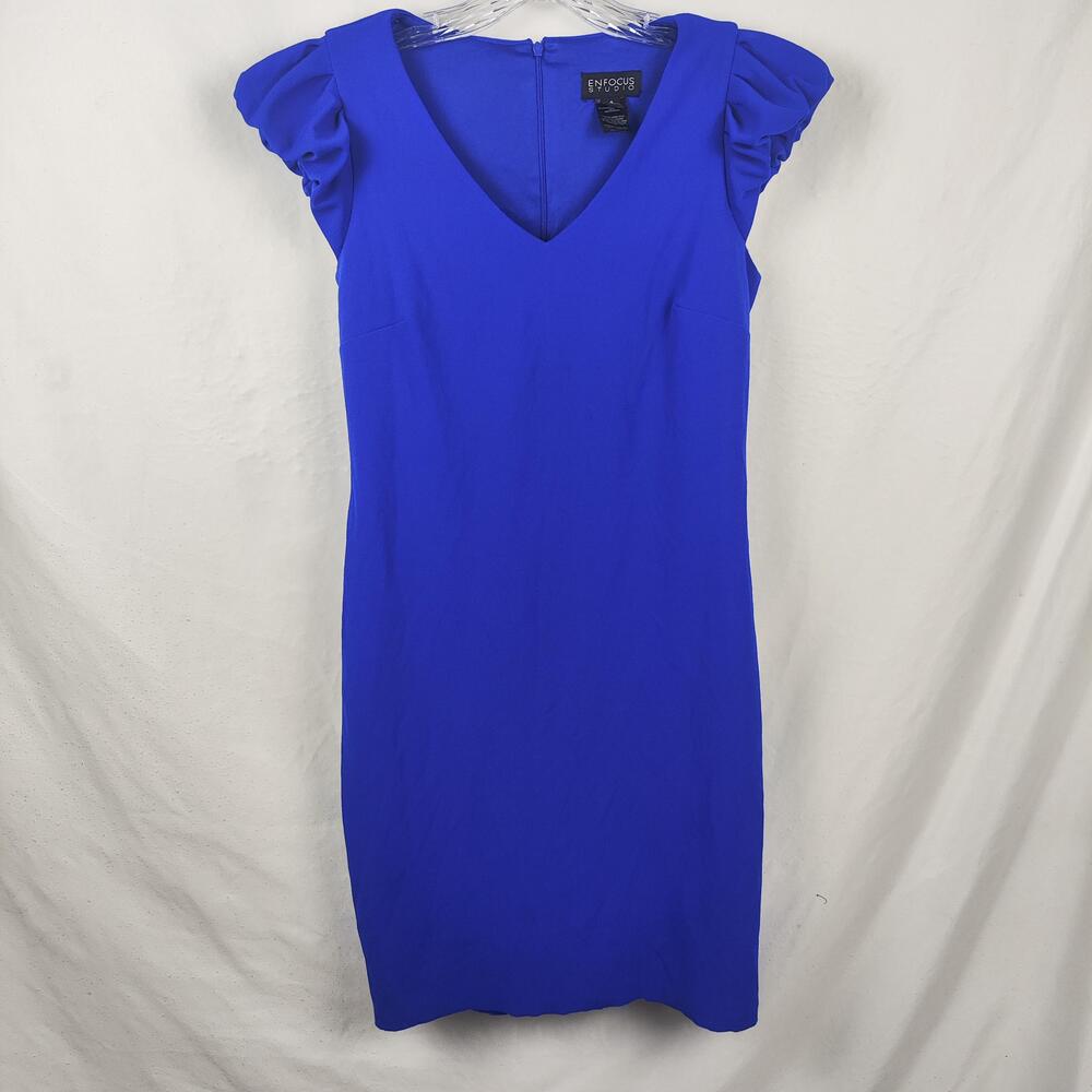 En Focus Studio Dress Womens 4 Blue Sheath V Neck Ruffle Cap Sleeve Party Office